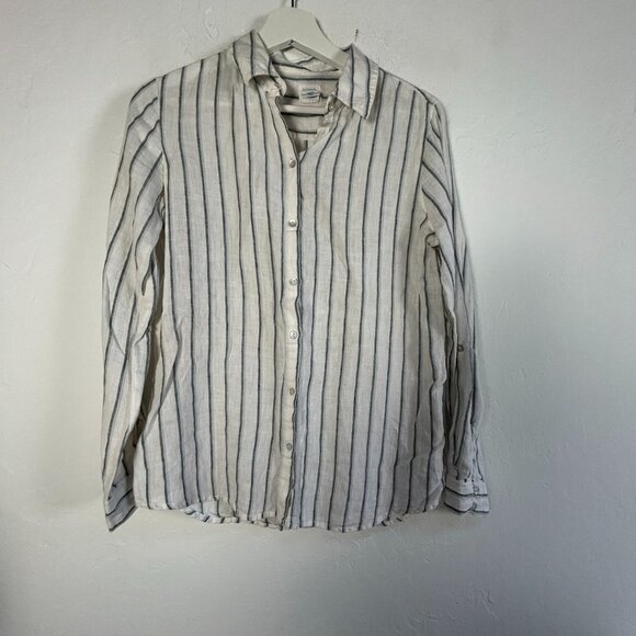 Sigrid Olsen Womens Striped Button-Up Long Sleeve Linen Shirt Small White/Gray - Picture 1 of 7
